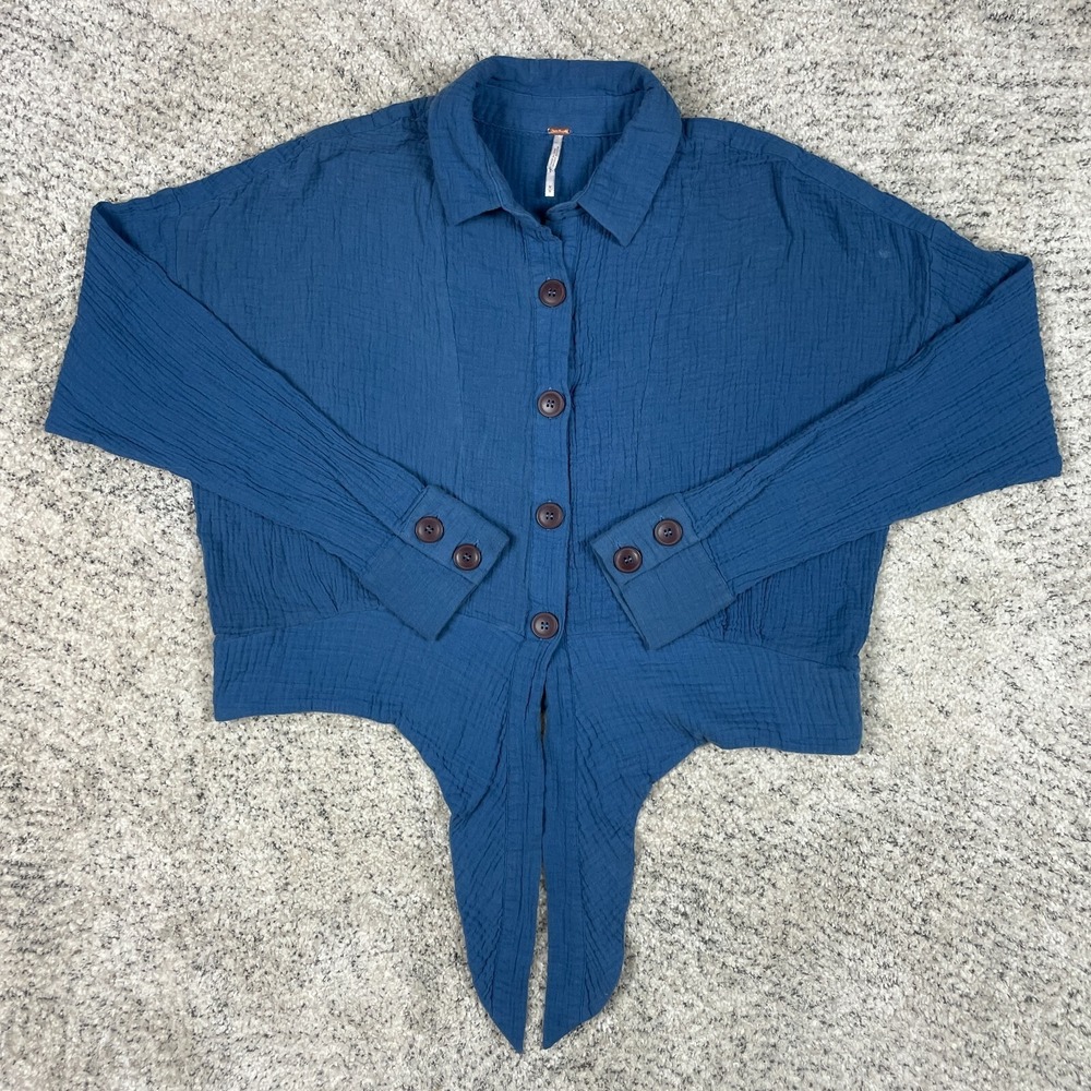 Free People Jacket Womens Medium Tie Front Button Down Crinkle Fabric Blue GUC